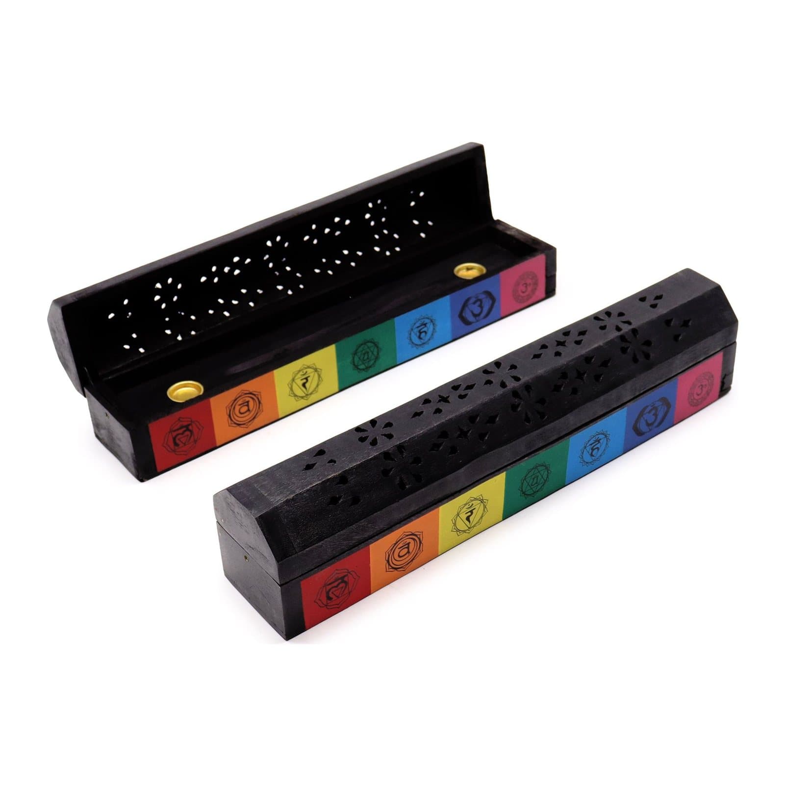 Mango wood 7 chakra smoke box with seven colourful chakra symbols