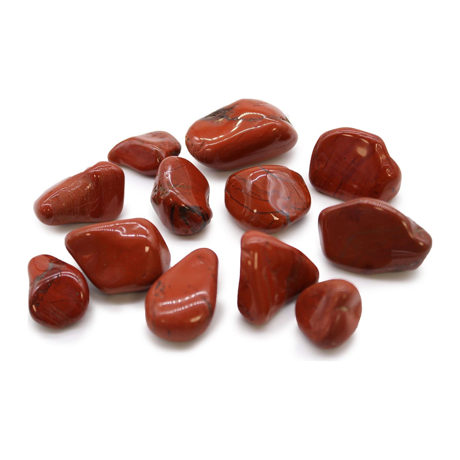 Polished red jasper tumble stones with colourful streaks
