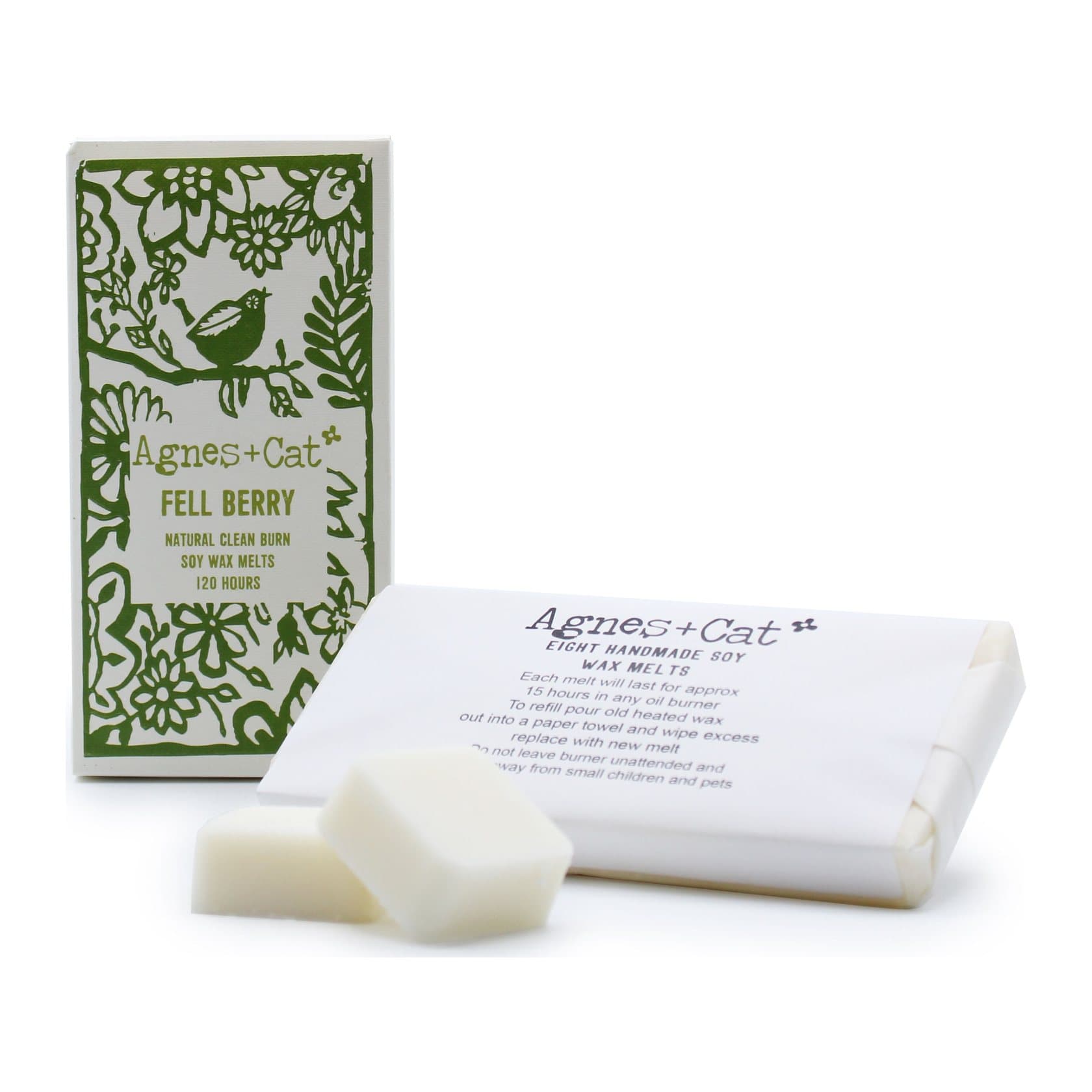 An illustrated box of eight Agnes + Cat soy wax melts