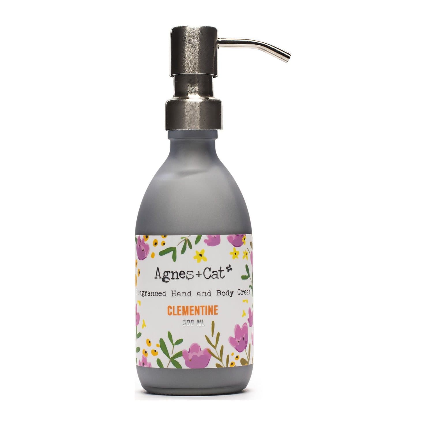 Grey frosted glass hand and body cream bottle with a metal pump