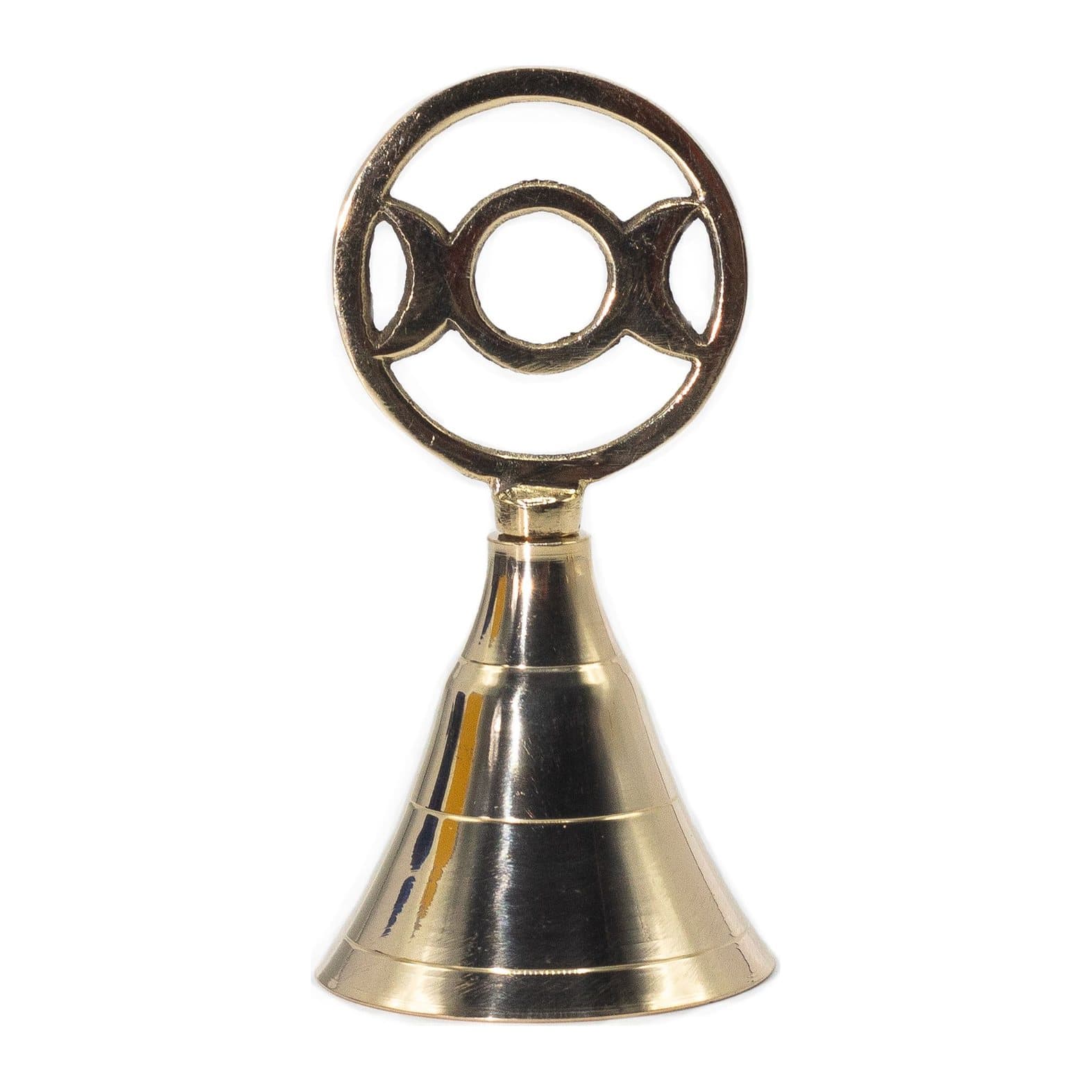 Polished brass altar bell topped with a Triple Moon symbol