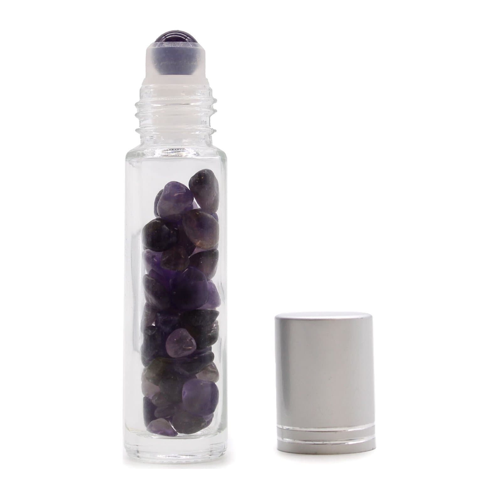 Glass roller bottle with an amethyst roller ball, stones inside and a silver cap
