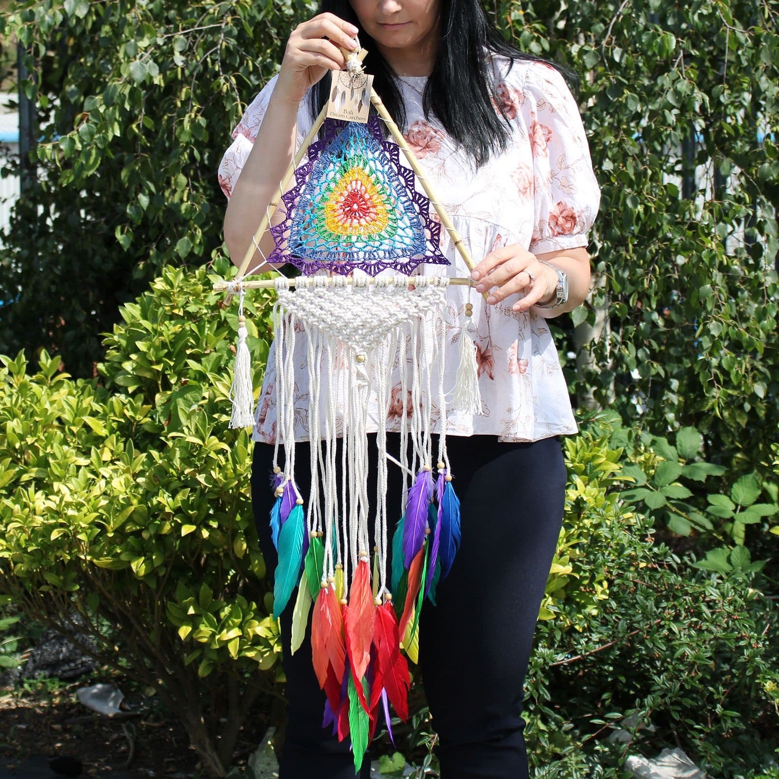 Bali multi pyramid dreamcatcher with feathers and wooden beads