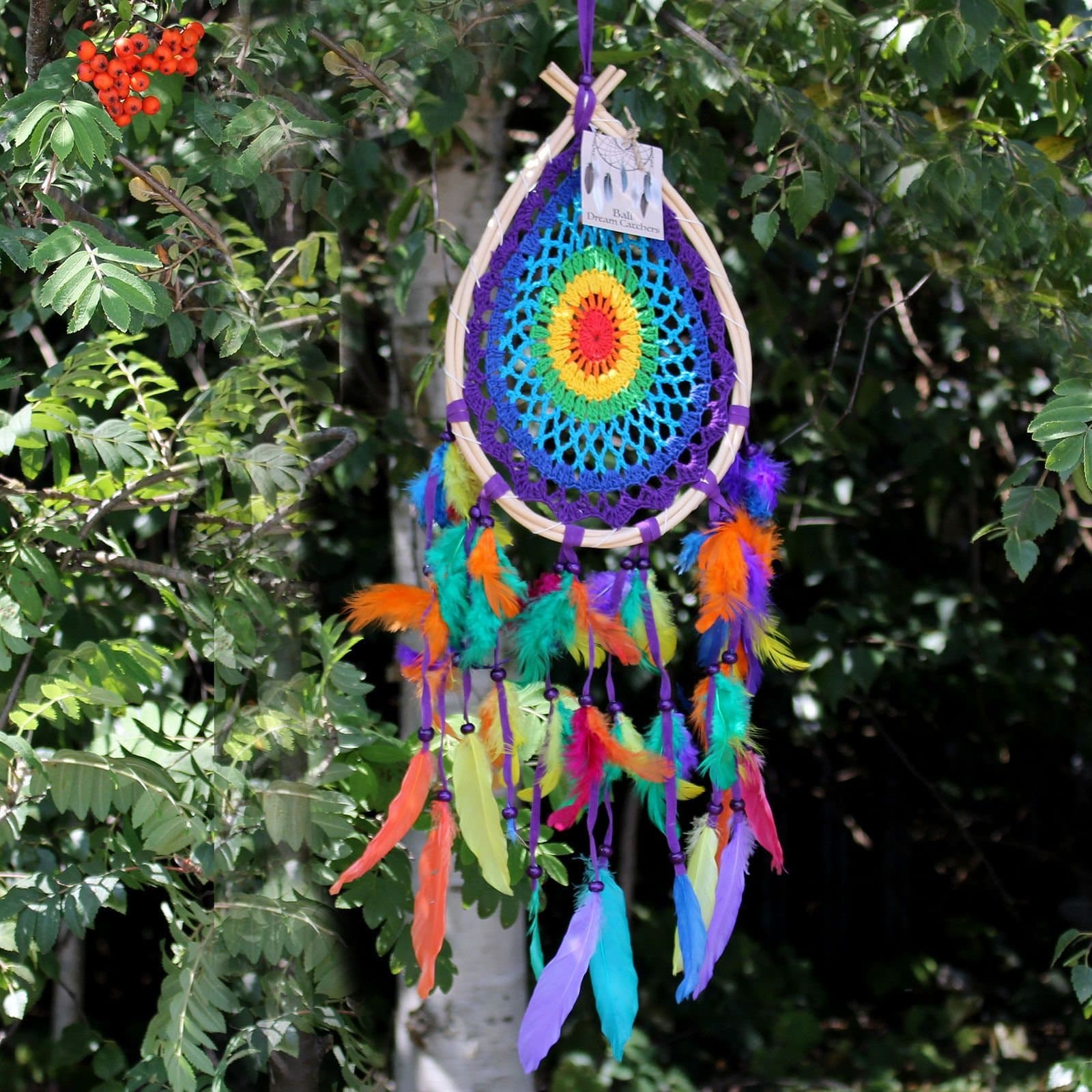 Multi-colour teardrop dreamcatcher with feathers and wooden beads
