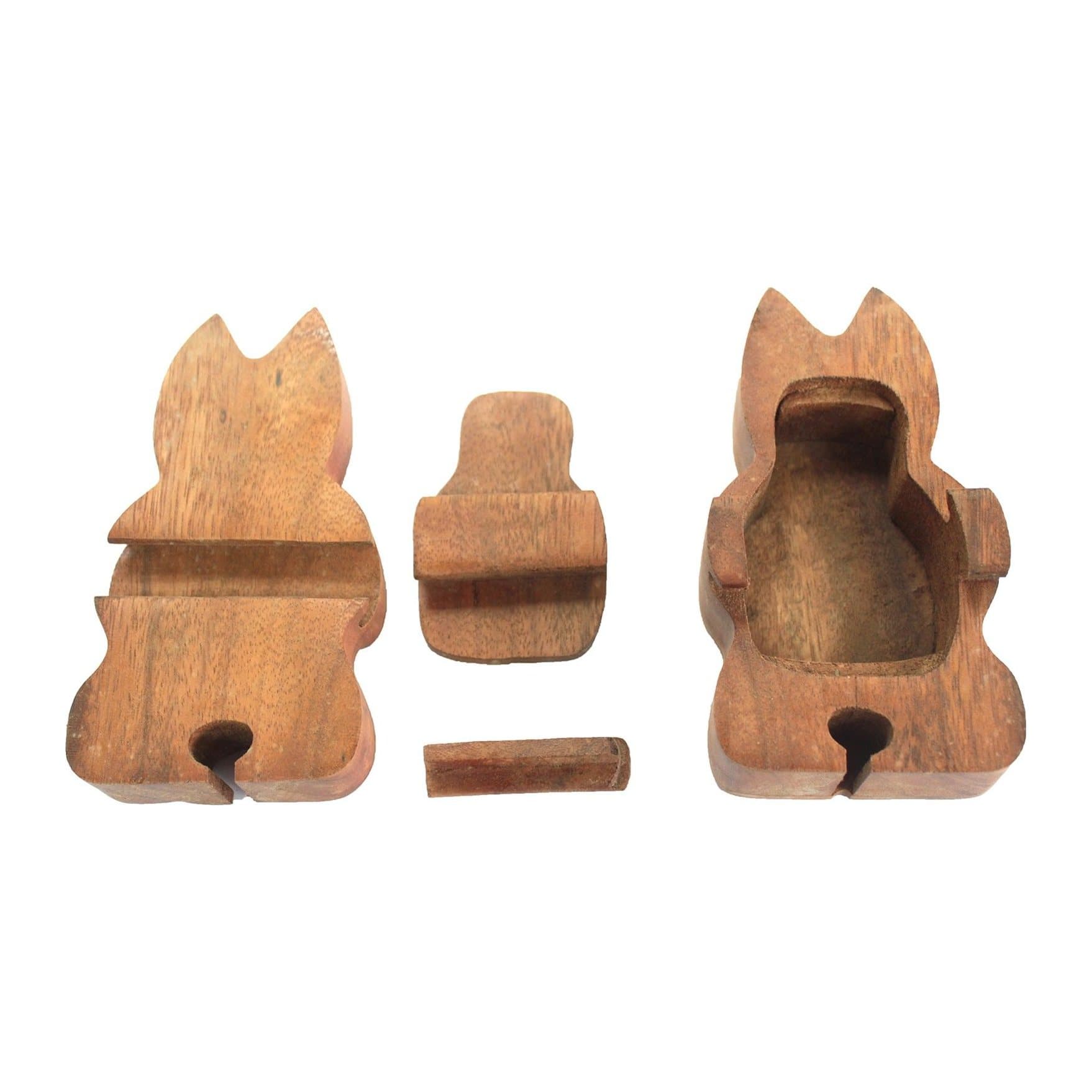 Sheesham wood Bali Magic Box puzzle box with a yoga cat design