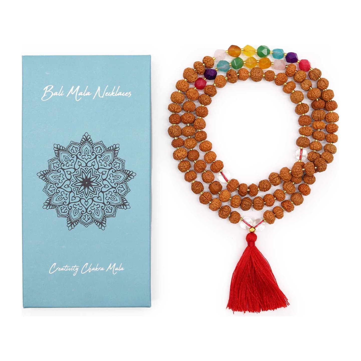 Bali mala necklace with rudraksha, glass and wooden beads