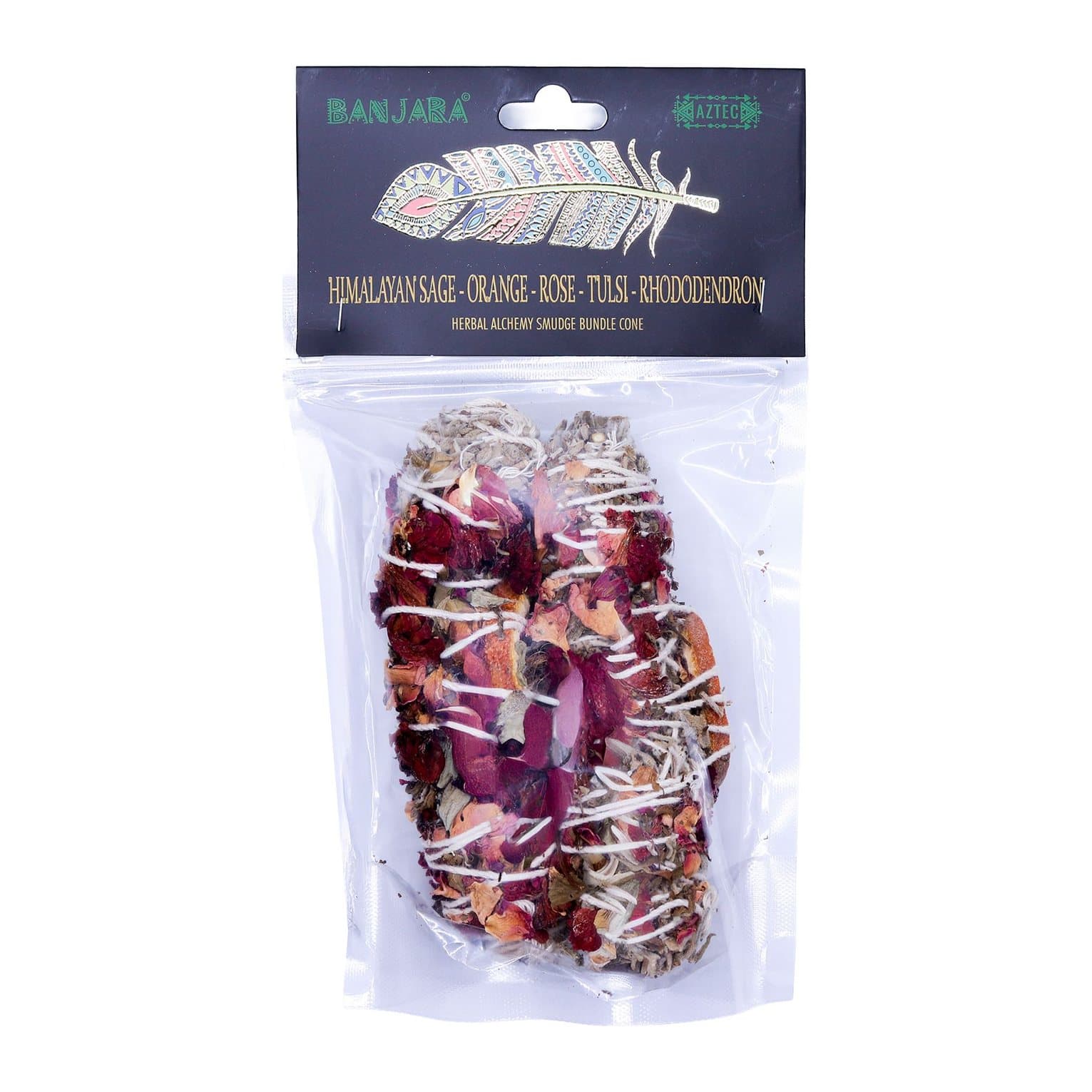 Tightly bound Banjara herb bundles of sage and vetiver