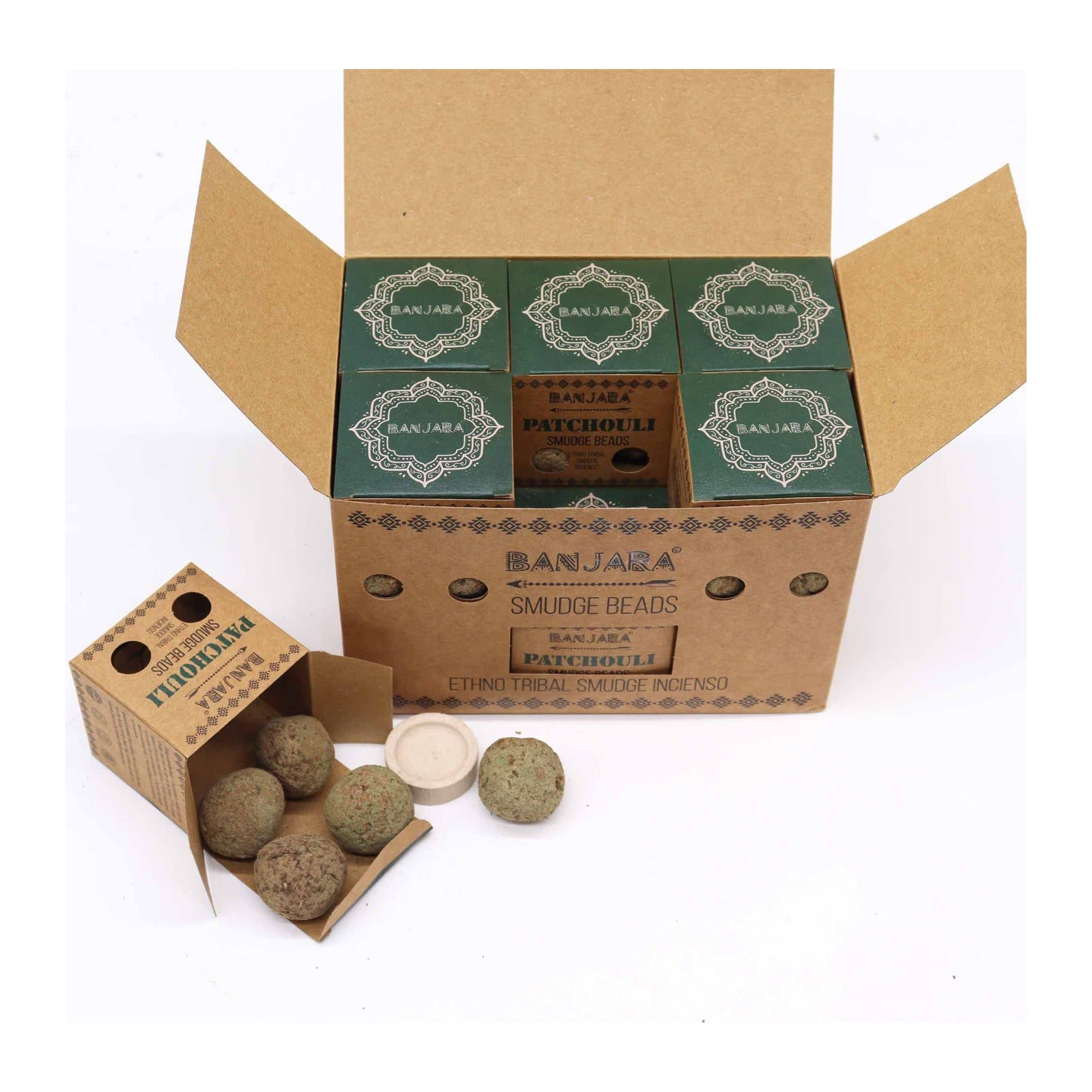 Box of five scented herb beads with a small holder