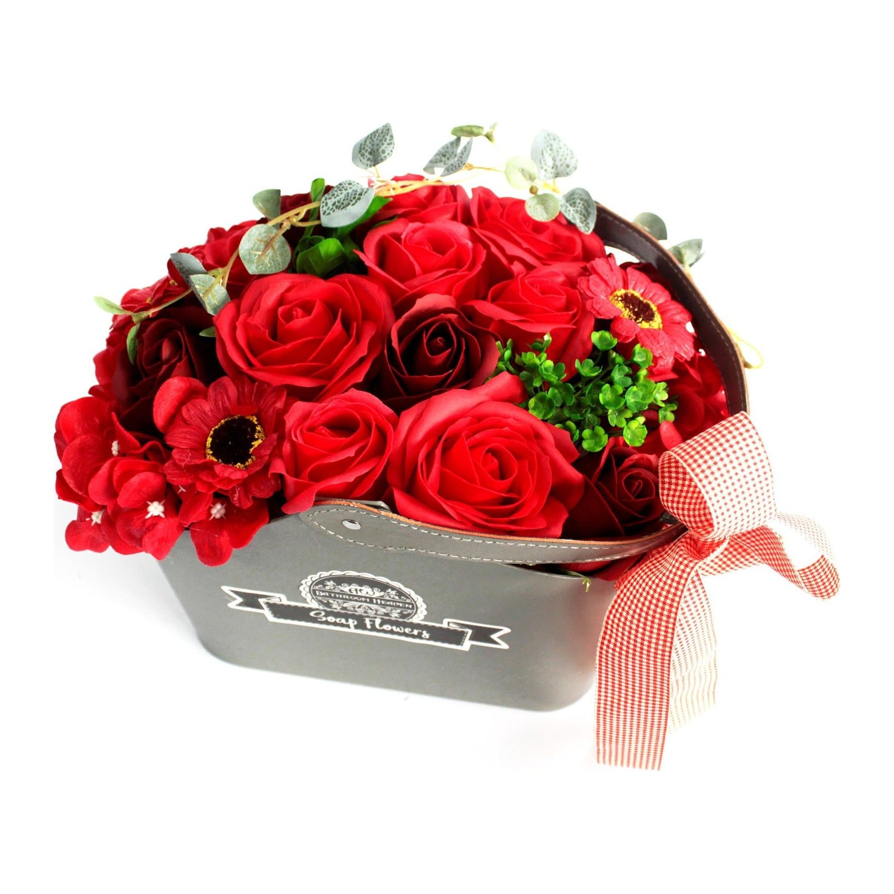 Basket soap flower bouquet of bath roses and carnations