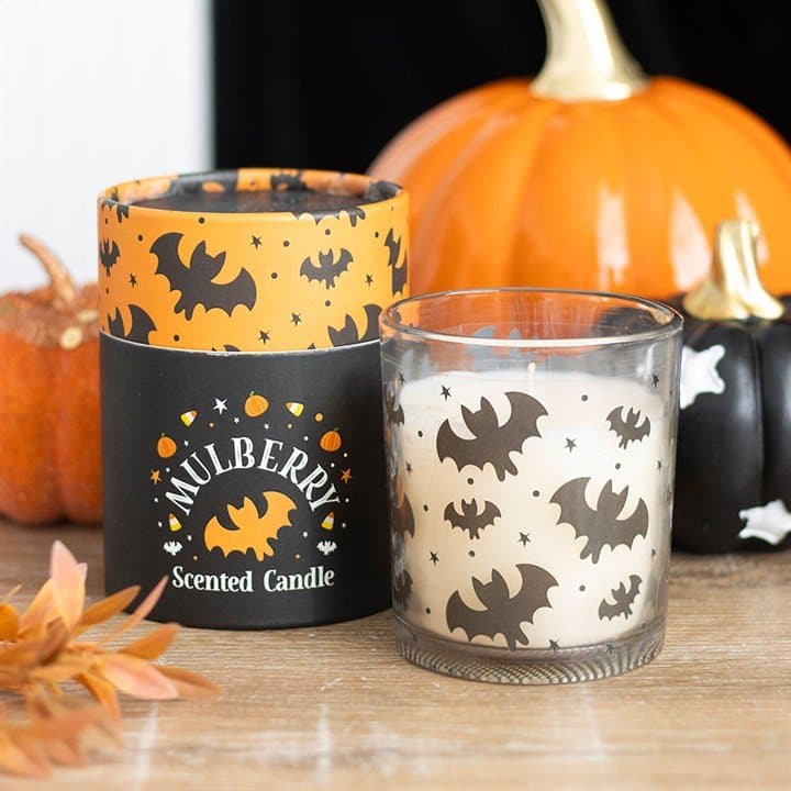 Mulberry scented candle in a bat printed glass jar with a natural wooden lid