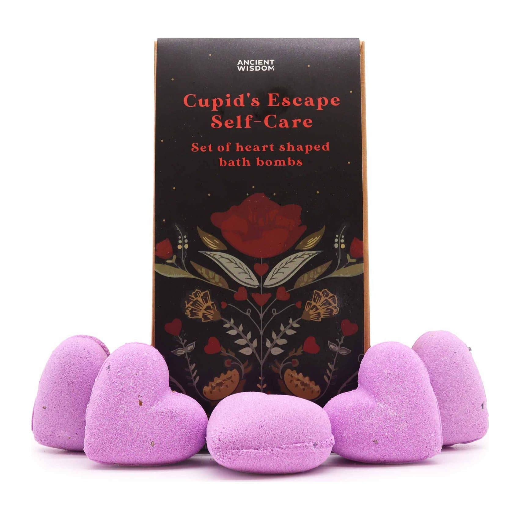 Five heart shaped bath bombs in a designed box