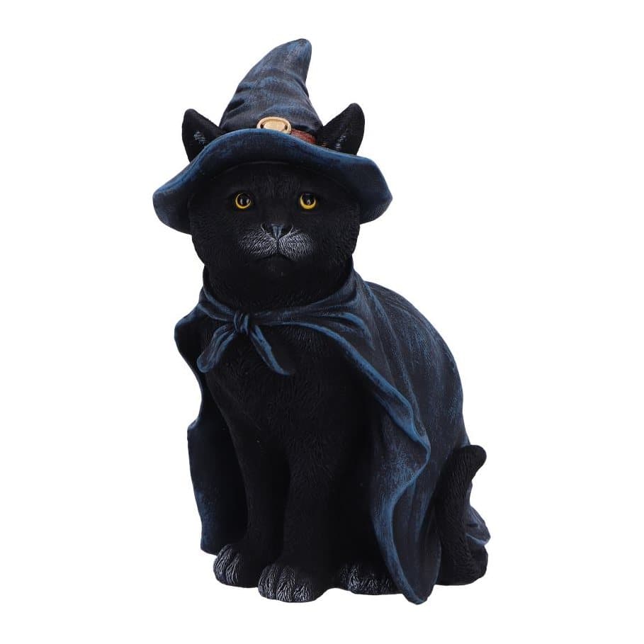 Black cat figurine wearing a blue witch's hat with a purple buckle and cape