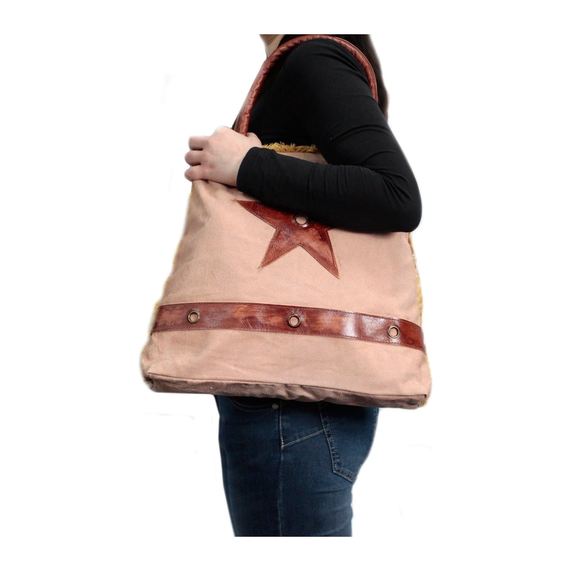 Big Star design vintage cotton handbag with leather handle
