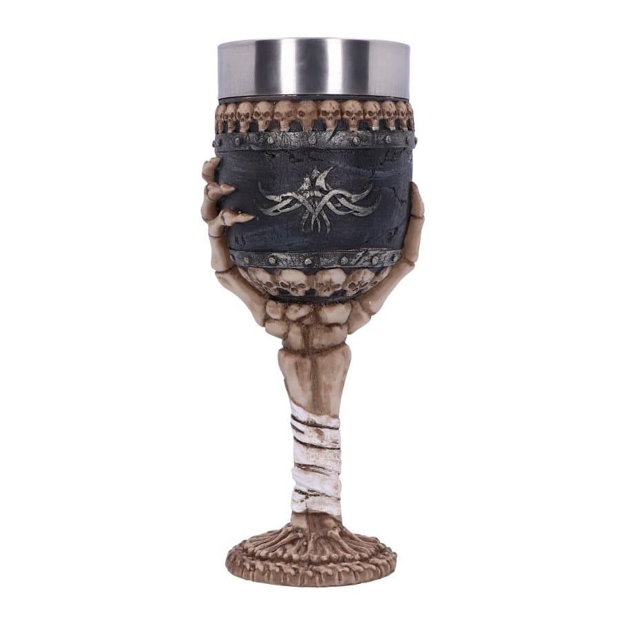 Gothic resin goblet with a skeletal hand stem and skulls