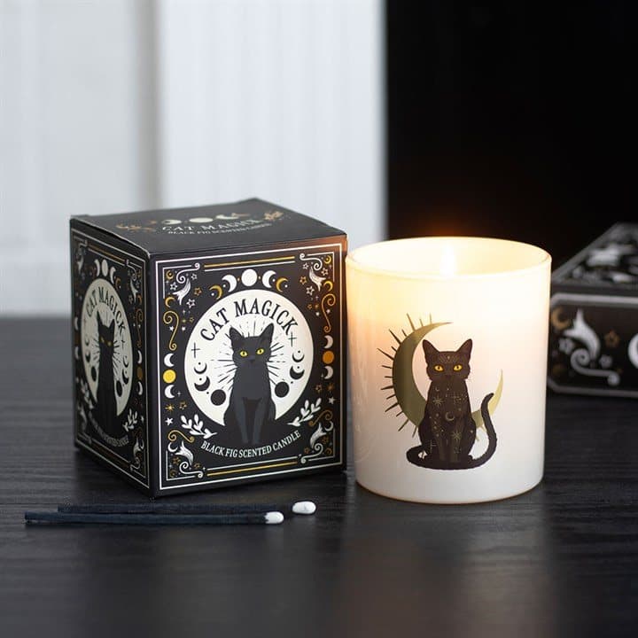 Black Cat Magick black fig scented candle with its colour cardboard box