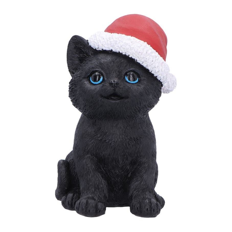 Black cat figurine with blue eyes wearing a red Santa hat