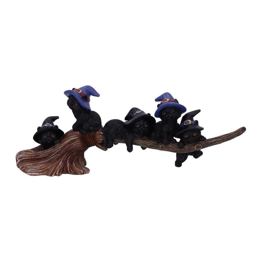 Resin figurine of black cats in witch hats clinging to a witch's broomstick