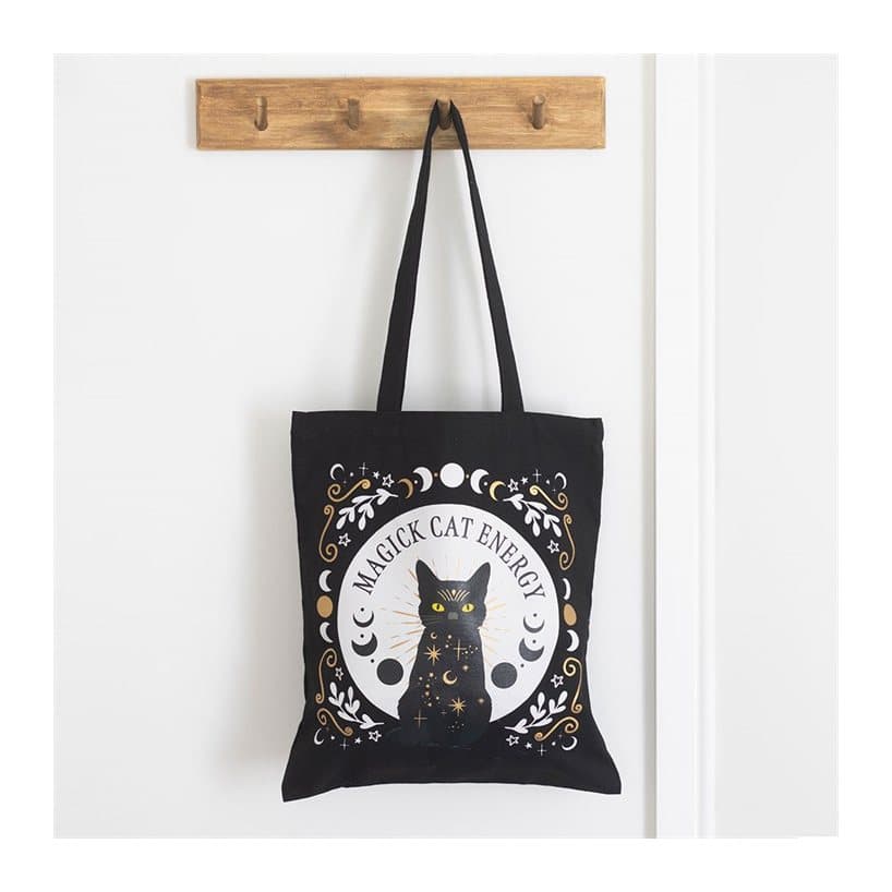 Black cat tote bag with mystical artwork