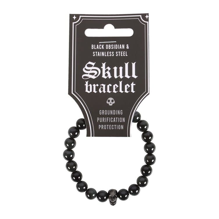 Black obsidian bead bracelet with a black steel skull charm