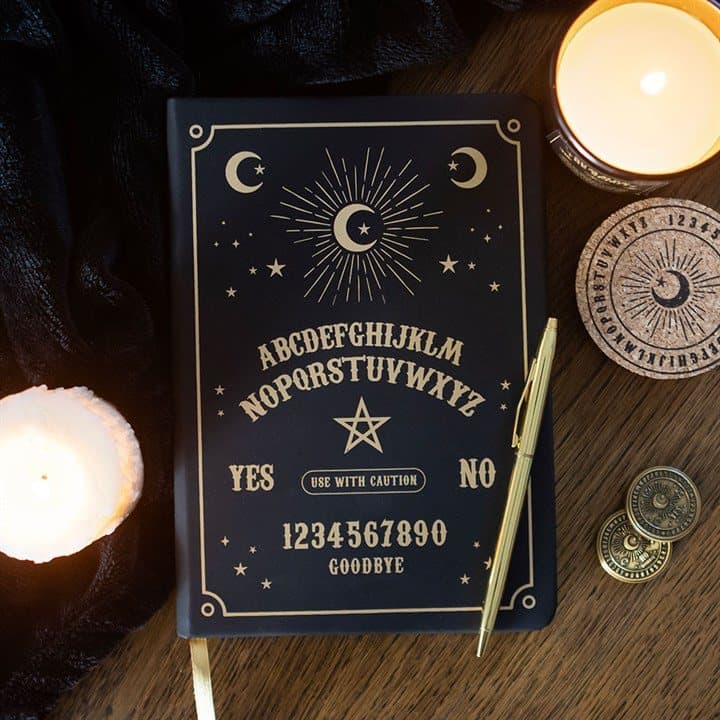 Black A5 notebook with a gold talking board design and gold ribbon marker