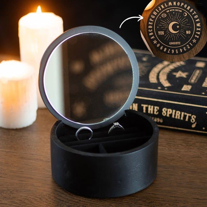 Black jewellery box with gold talking board design on the lid