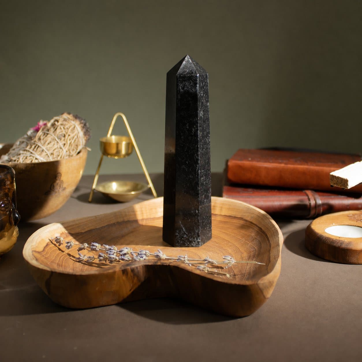 Polished black tourmaline six-face obelisk crystal point