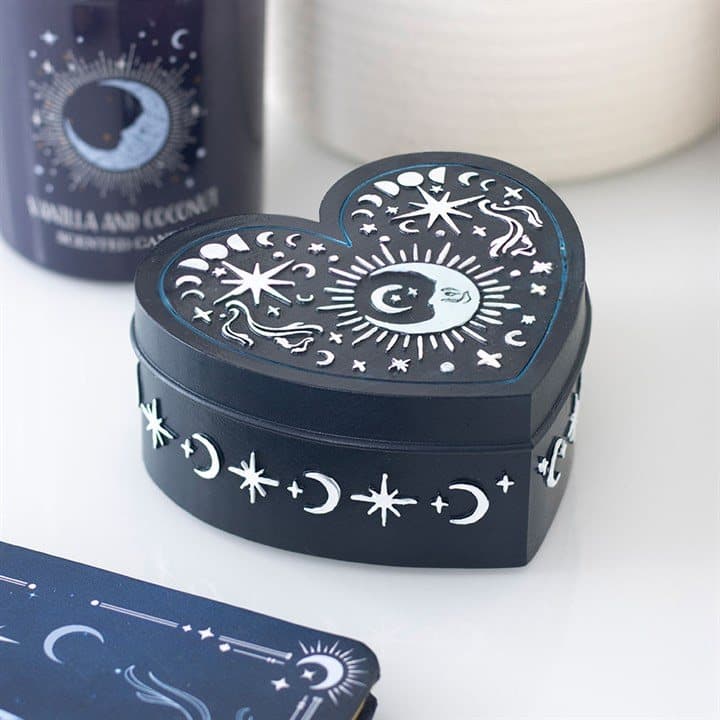 Heart-shaped resin trinket box with a moonlit celestial design