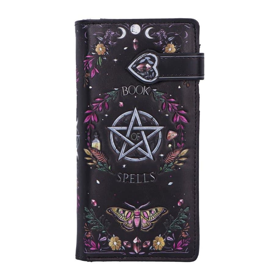 Embossed purse styled like a gothic spellbook with a zip closure