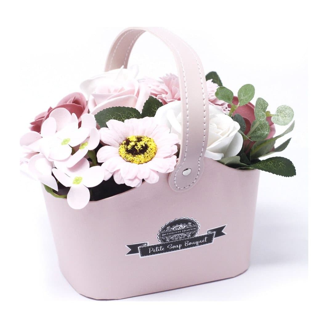 Petite bouquet of soap flowers with roses, hyacinth, carnation and sunflower