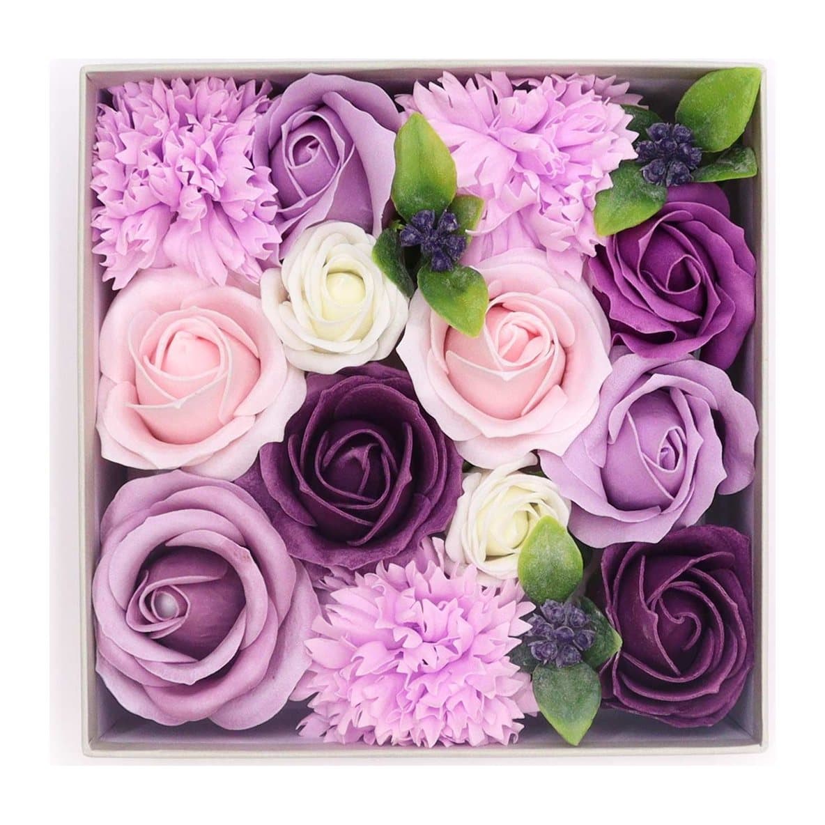 Box of handcrafted purple soap roses and carnations