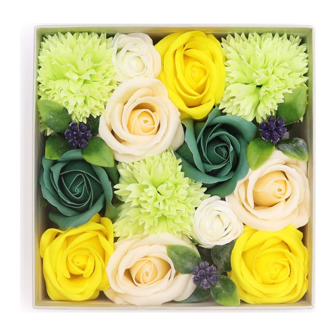 Box of handcrafted yellow and green soap flowers