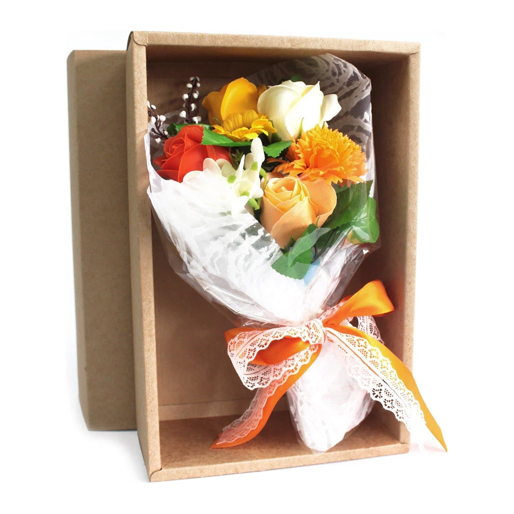Boxed hand soap flower bouquet of bath roses and carnations