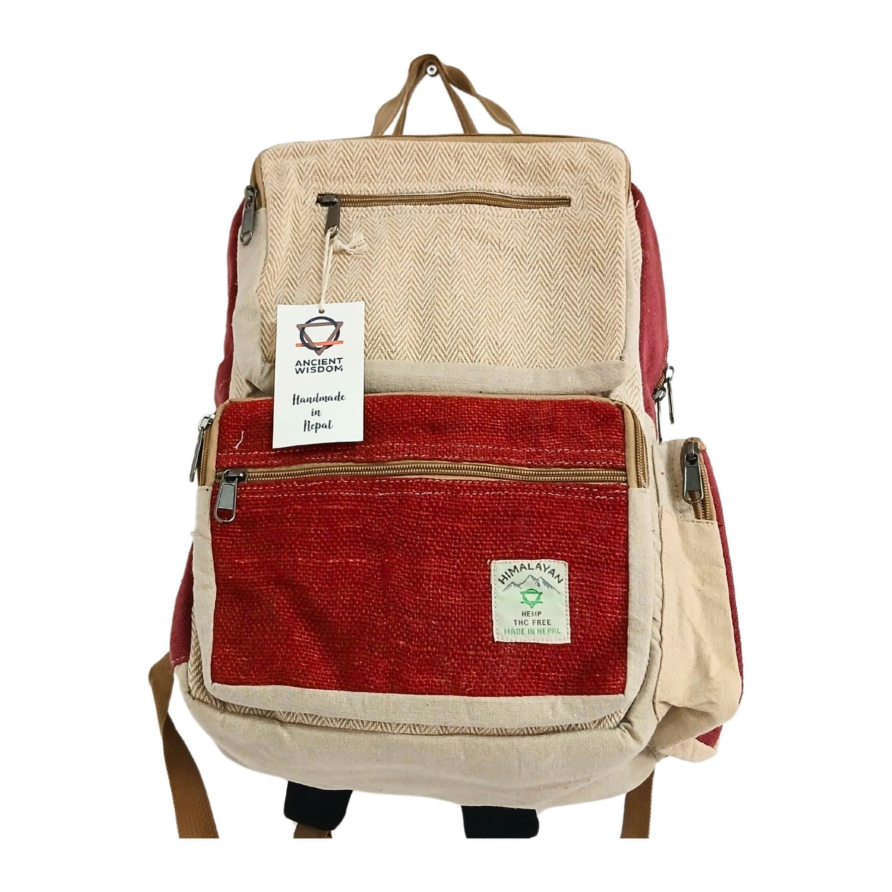 Large boxy hemp backpack in wine and cream