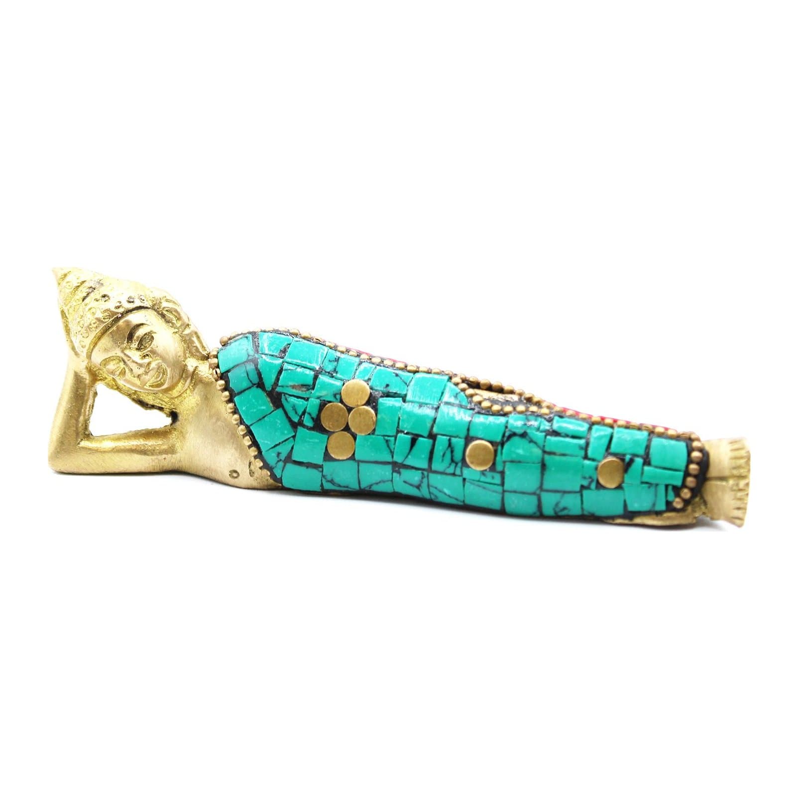 Solid brass Buddha figure with red and turquoise stone-style detail
