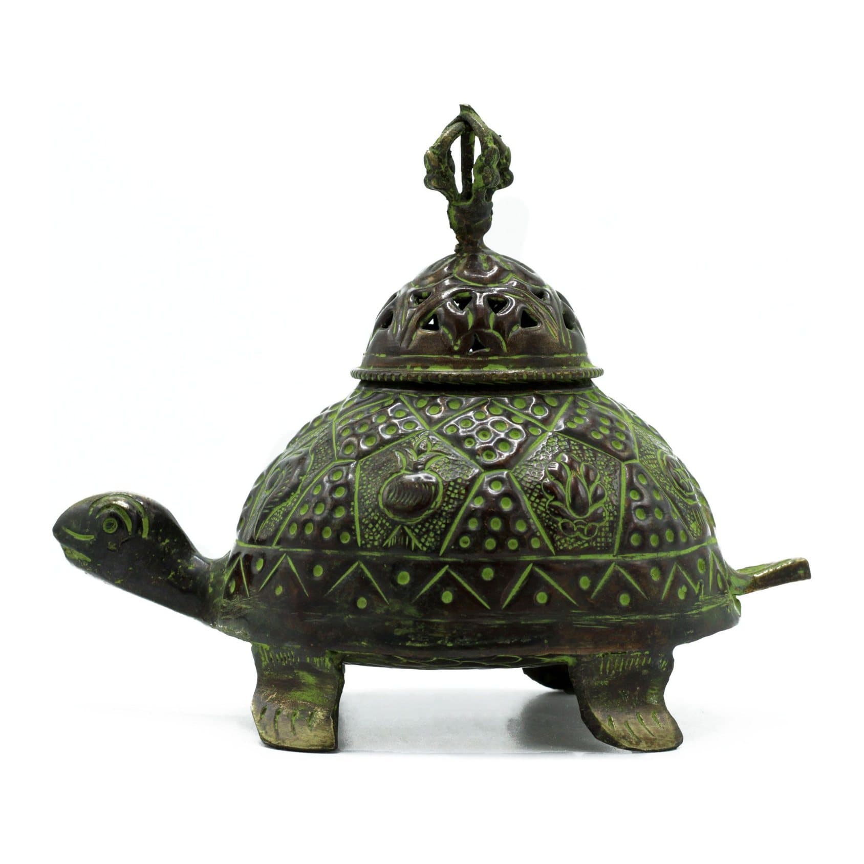 Brass Tibetan incense burners and holders with verdigris finish