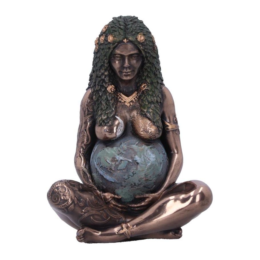 Bronze Mother Earth figurine holding the world, with green foliage hair