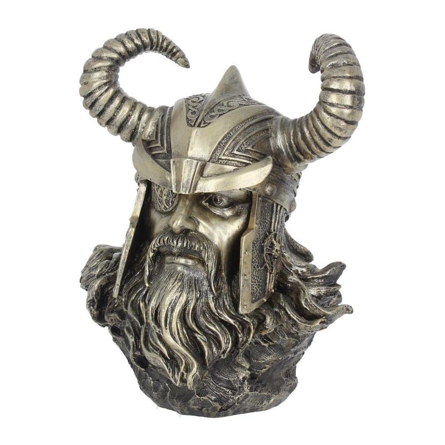 Bronze-finish resin bust of Odin with a horned helmet and eye patch