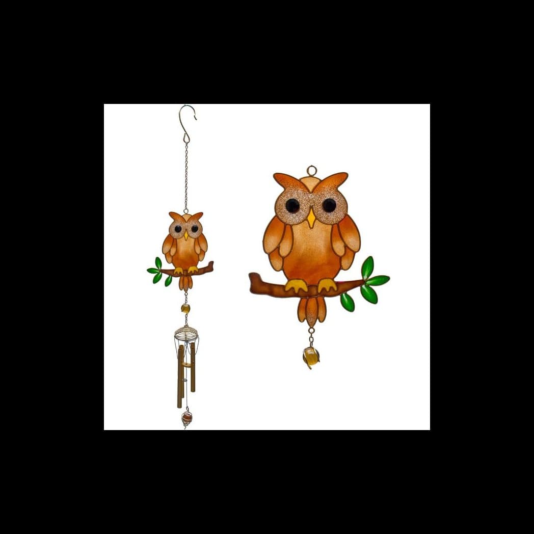 Brown glass owl wind chime with glitter details
