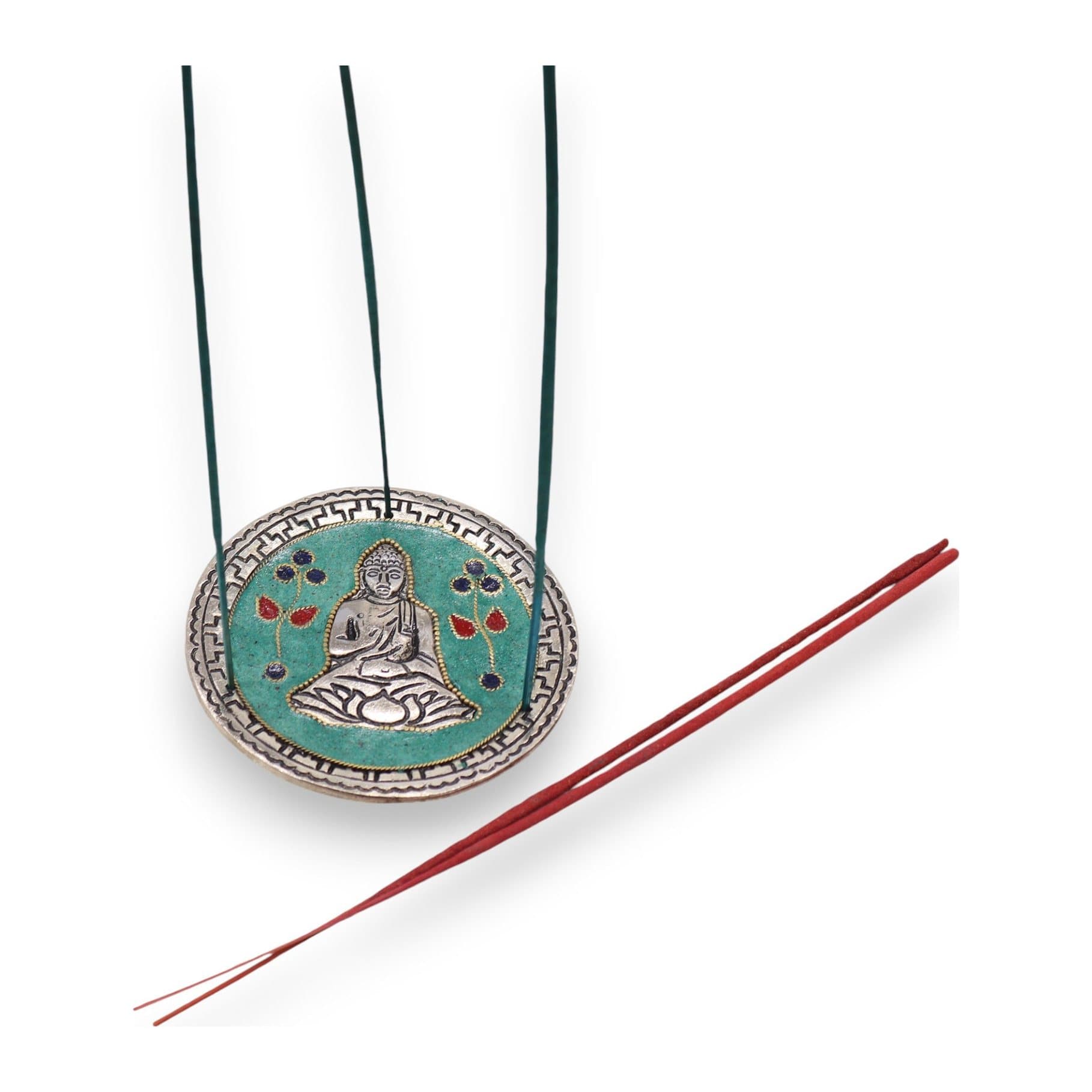 Buddha design incense stick holder in a green or red finish