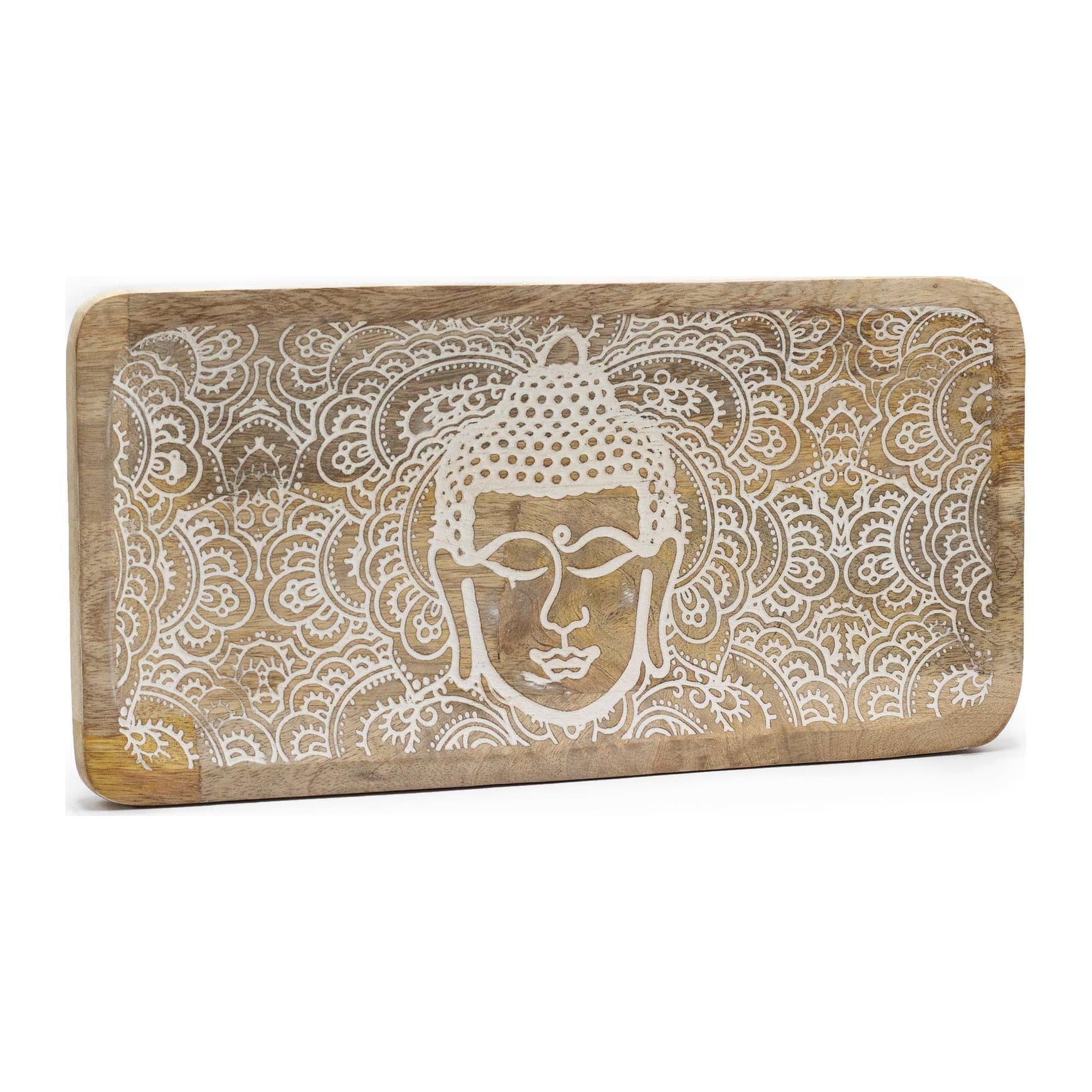 Long whitewash mango wood tray with a Buddha face design