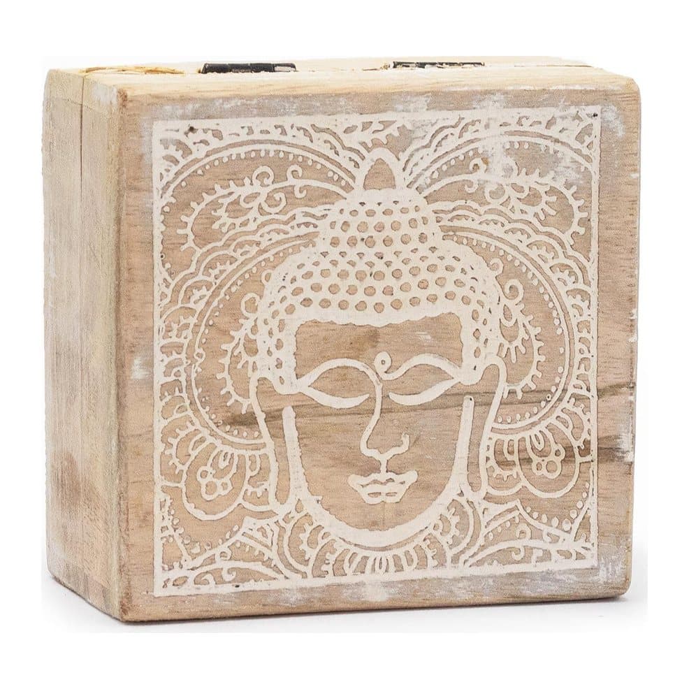 Small square whitewashed mango wood box with a Buddha face design
