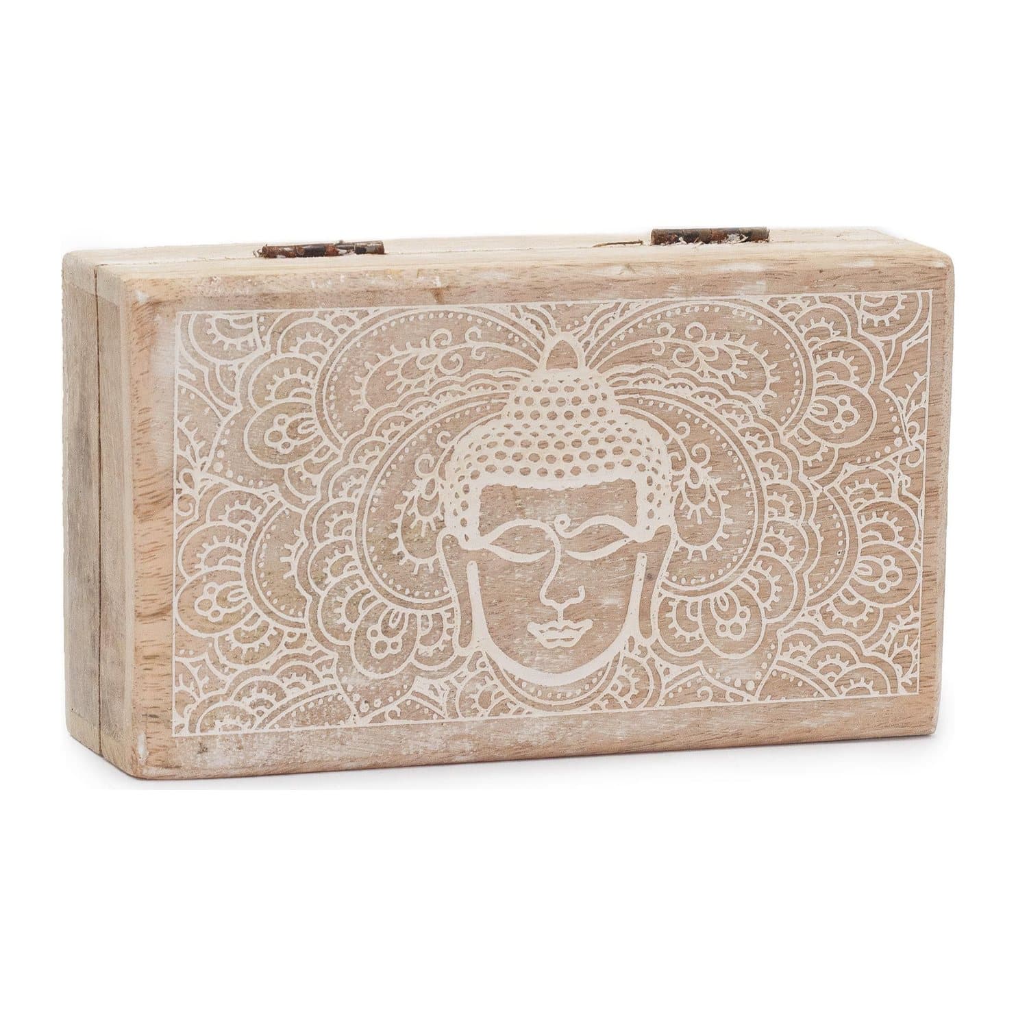 Whitewash mango wood box with a Buddha face design