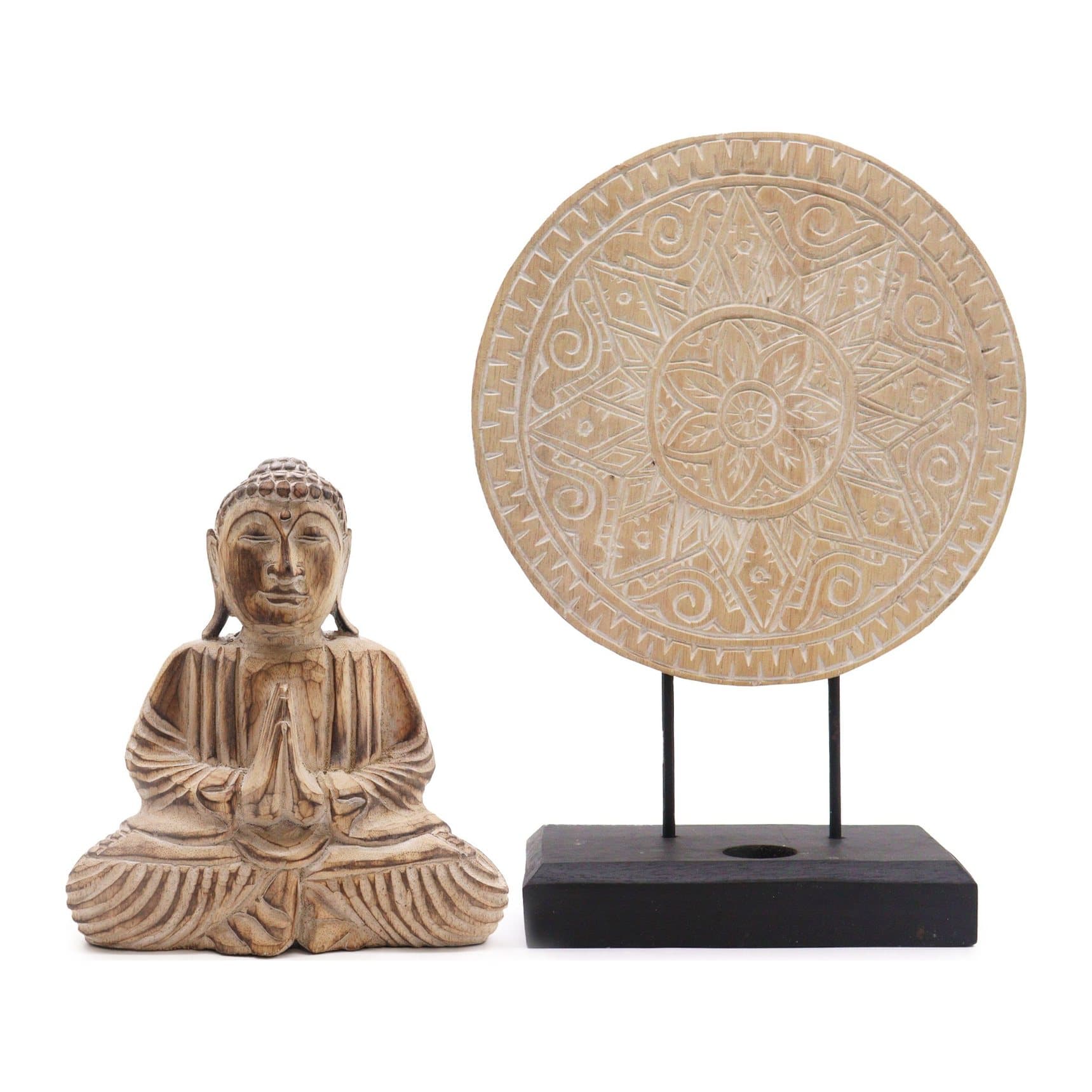 Wooden Buddha figure with a stand in a mandala design