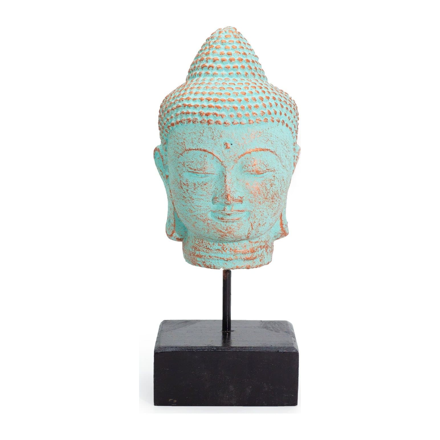 Buddha head statue with a green or blue copper finish