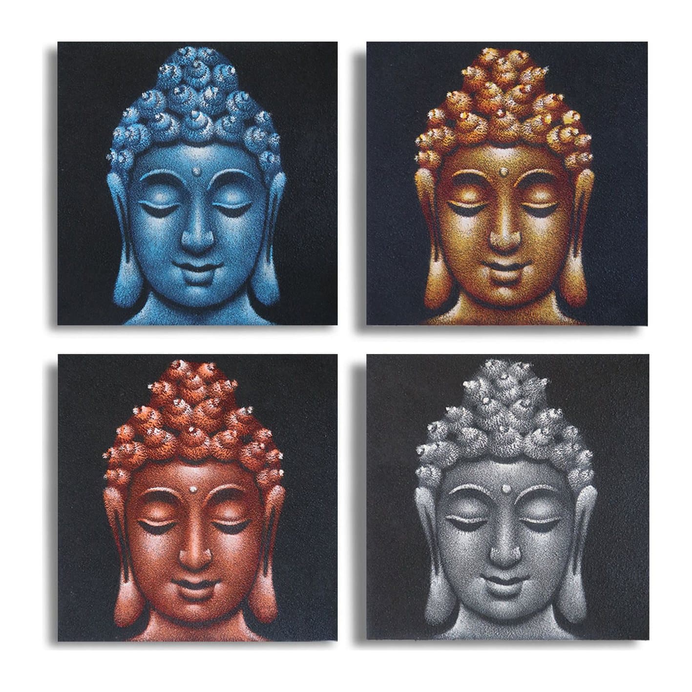 Set of four Buddha head paintings on canvas in wooden frames