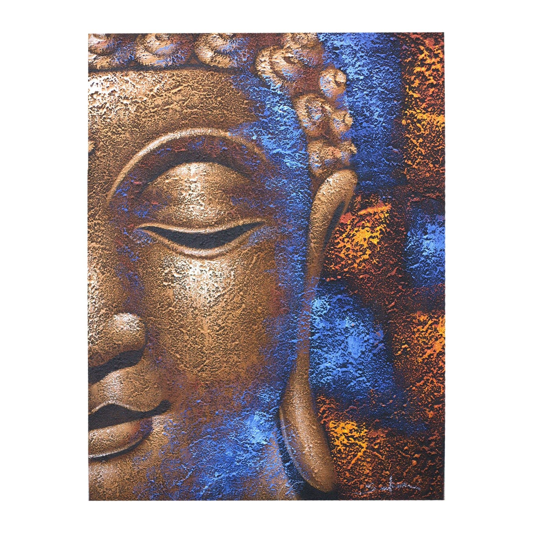 Buddha painting with a copper face in a natural wooden frame