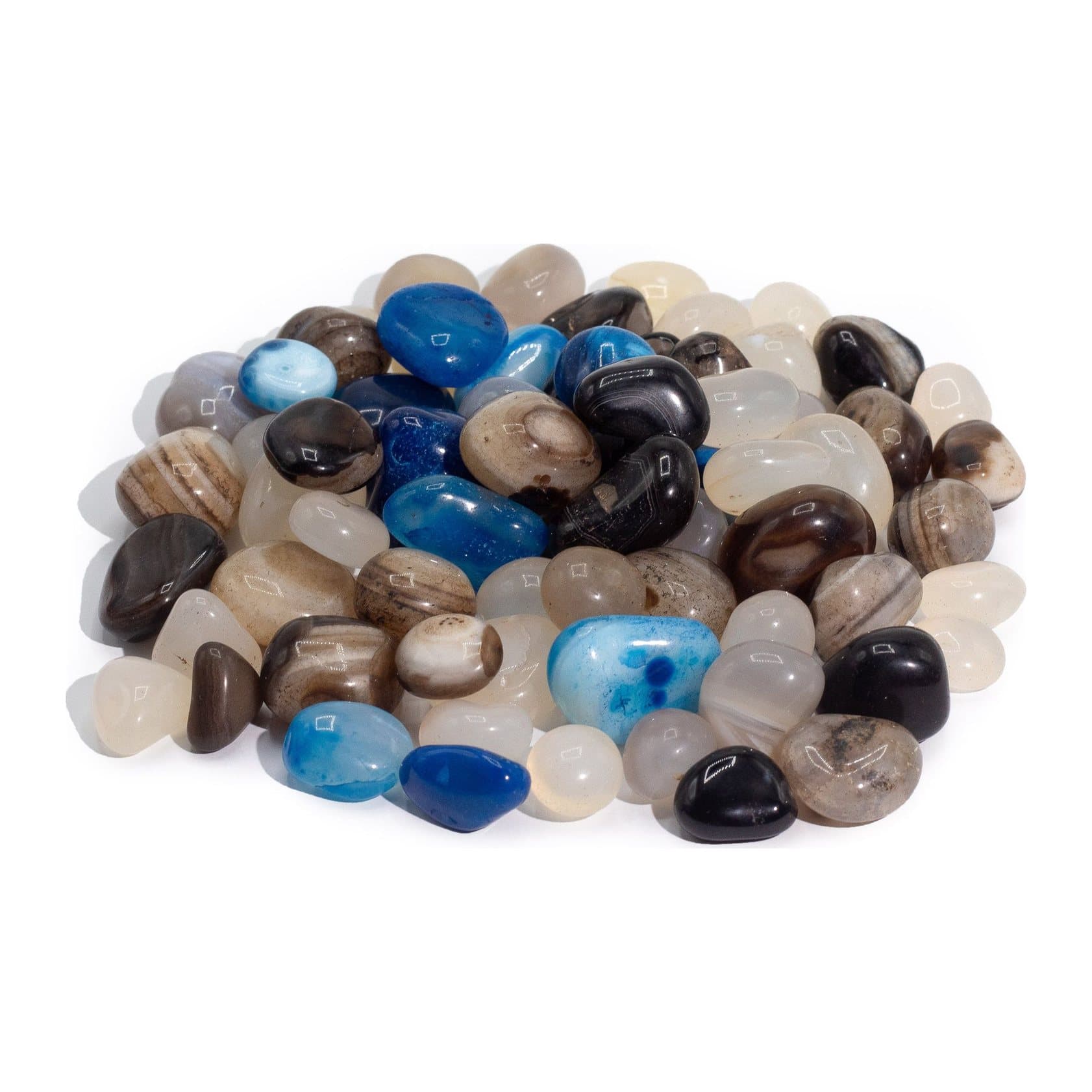 Pile of smooth, polished tumbled agate stones in mixed earthy and ocean colours