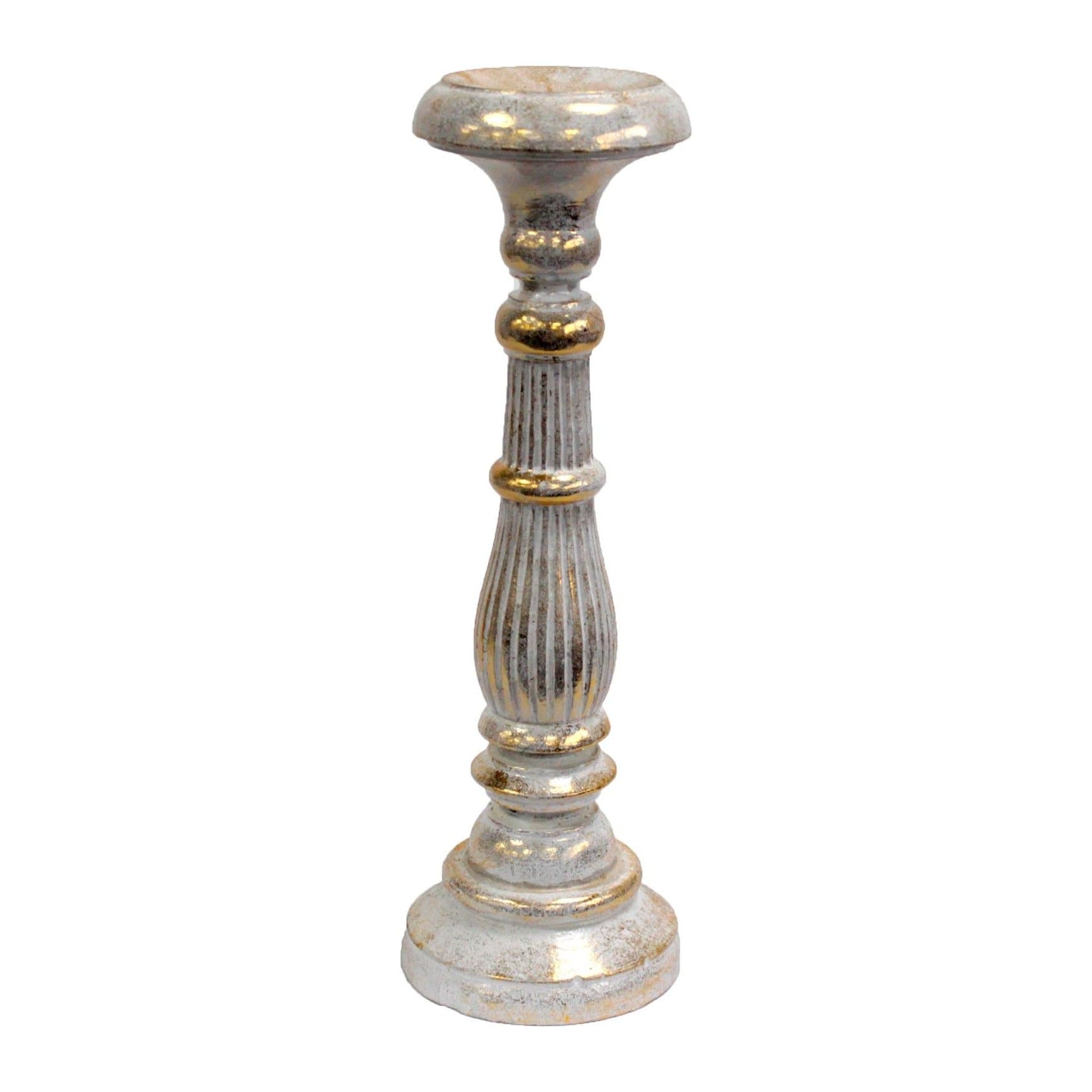 Ornate hand-carved wooden candle stand in white gold