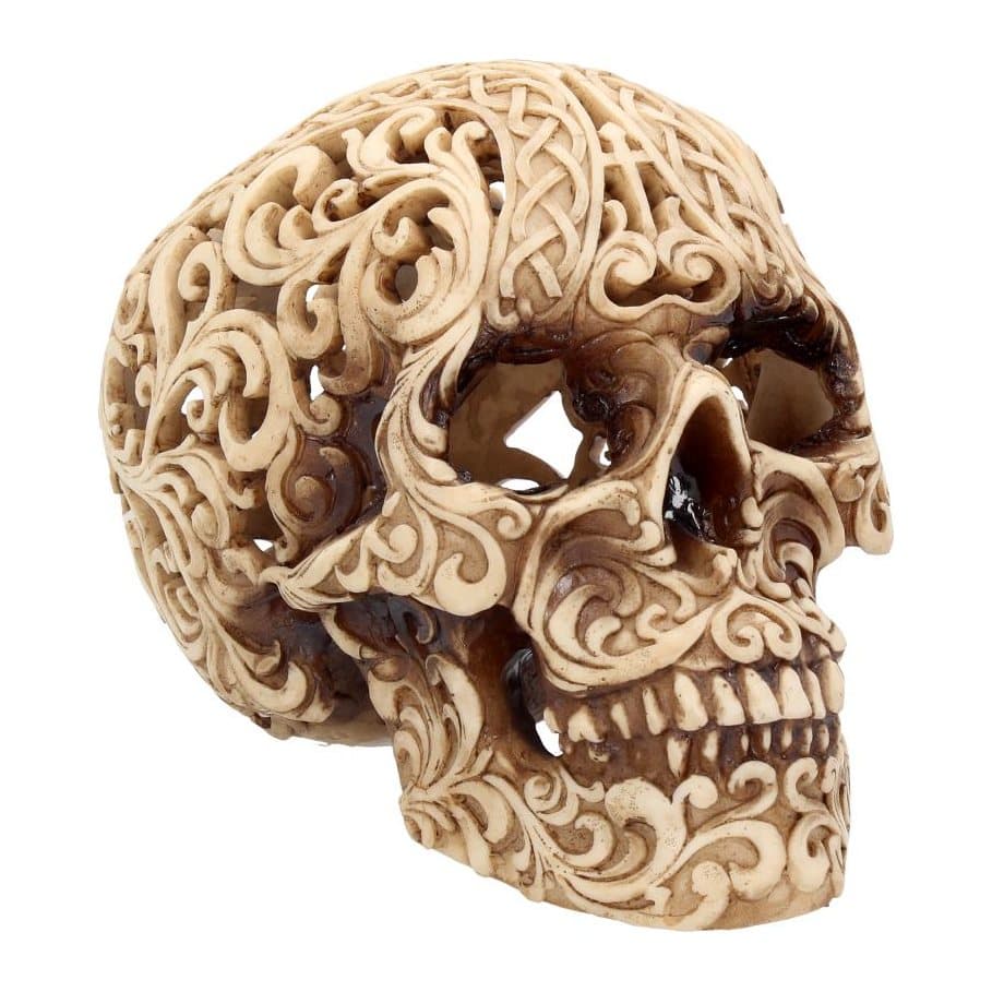 Resin human skull ornament carved with Baroque and Celtic patterns