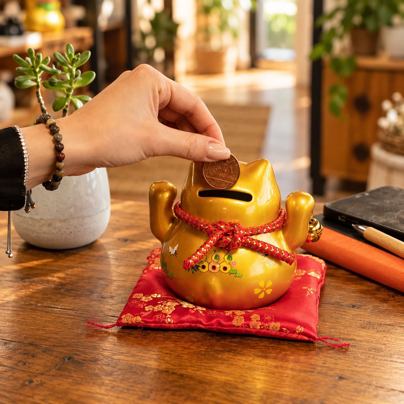 Ceramic money cat bank with raised paws on a red patterned cushion